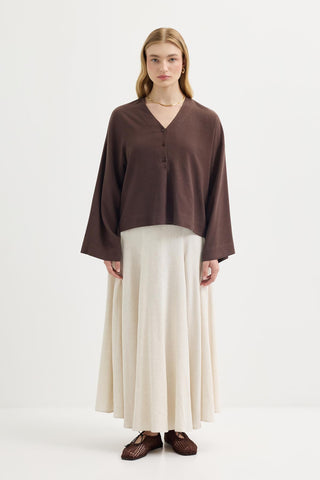 Buttoned V-Neck Linen Shirt Brown