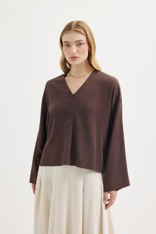 Buttoned V-Neck Linen Shirt Brown