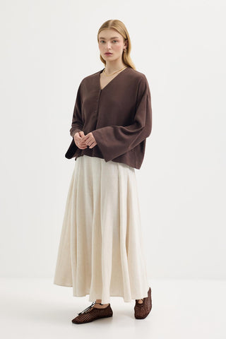 Buttoned V-Neck Linen Shirt Brown