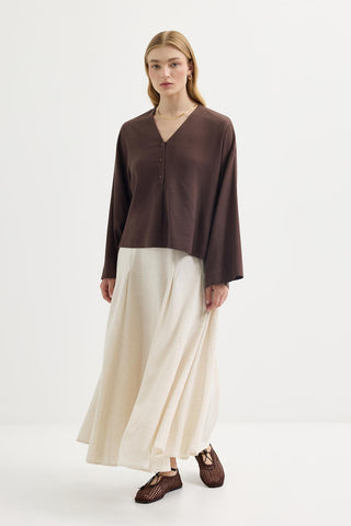 Buttoned V-Neck Linen Shirt Brown