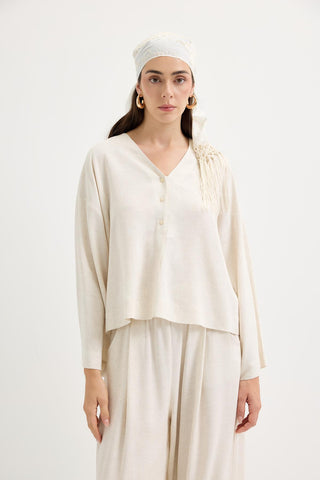 Buttoned V-Neck Linen Shirt Natural