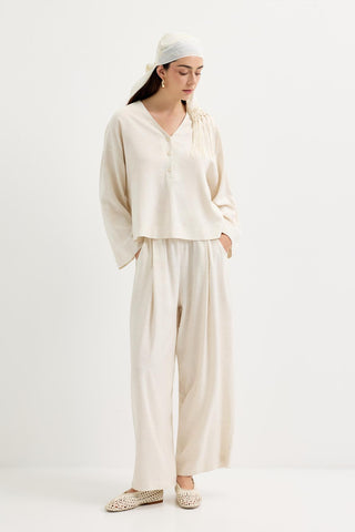 Buttoned V-Neck Linen Shirt Natural