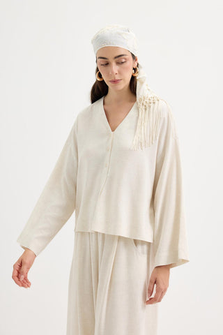 Buttoned V-Neck Linen Shirt Natural
