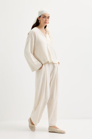 Buttoned V-Neck Linen Shirt Natural