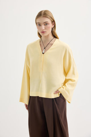 Buttoned V-Neck Linen Shirt Yellow