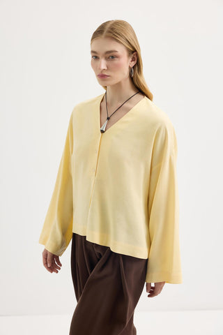 Buttoned V-Neck Linen Shirt Yellow