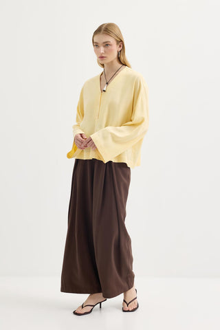 Buttoned V-Neck Linen Shirt Yellow