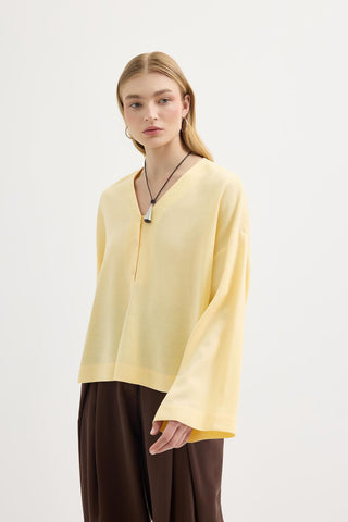 Buttoned V-Neck Linen Shirt Yellow