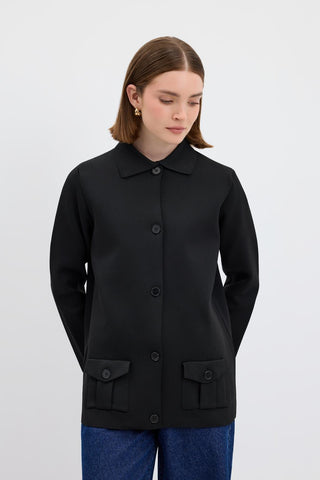 Solid Color Knit Cardigan with Pockets Black