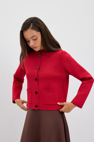 Solid Color Midi Knit Cardigan Red