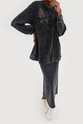 Faded Sweatshirt with Stone Embroidery Gray