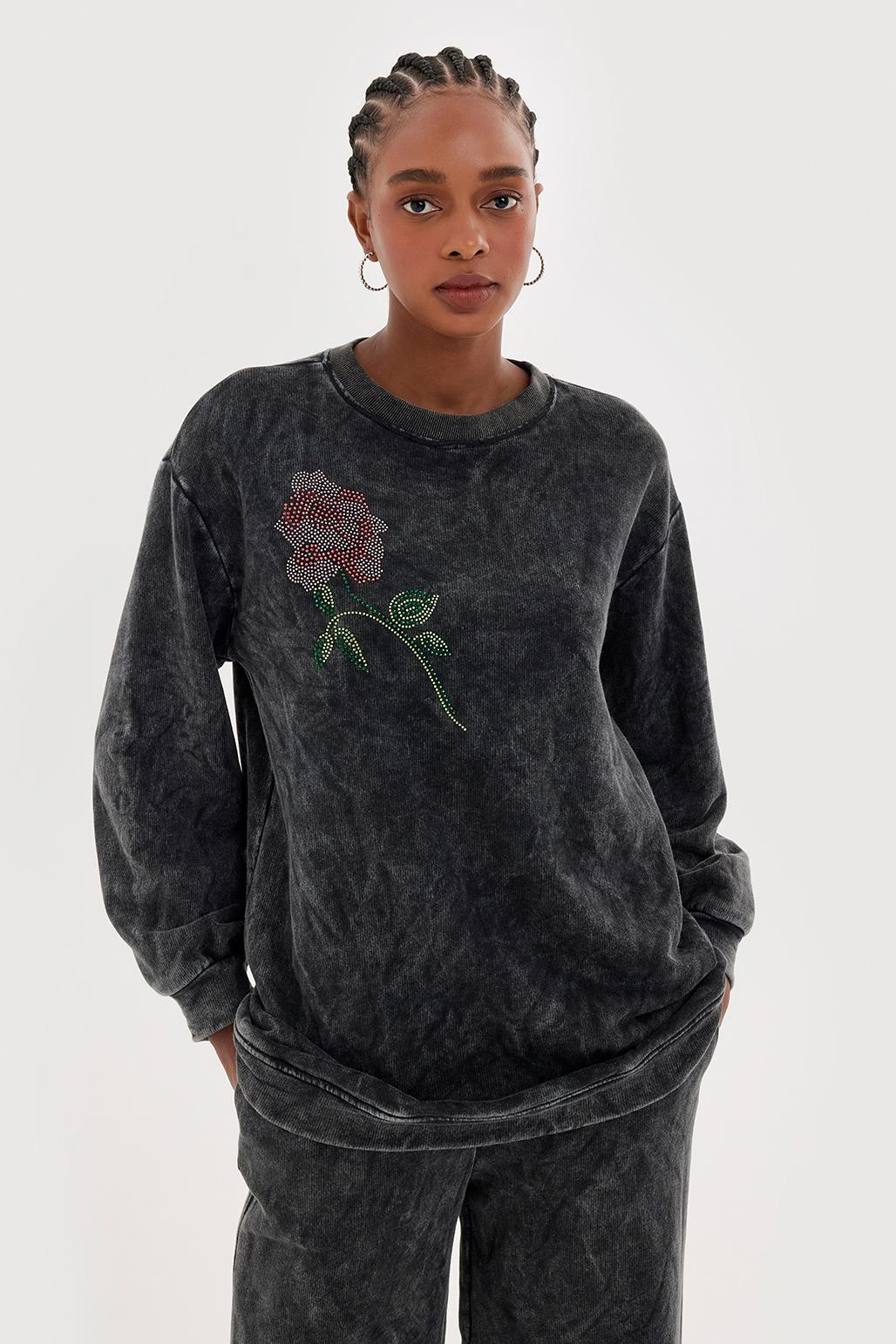 Faded Sweatshirt with Stone Embroidery Gray