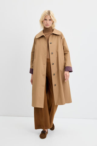 Checked Belted Long Trench Coat Camel