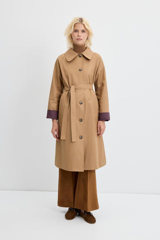 Checked Belted Long Trench Coat Camel
