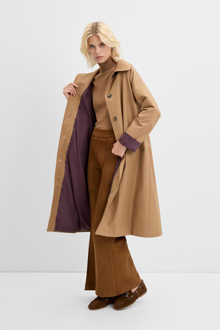 Checked Belted Long Trench Coat Camel