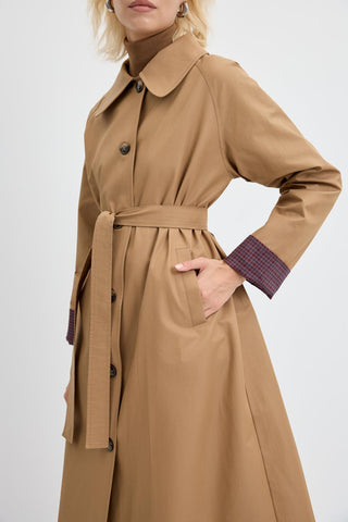 Checked Belted Long Trench Coat Camel