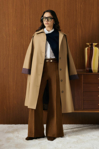Checked Belted Long Trench Coat Camel