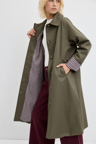 Checked Belted Long Trench Coat Khaki