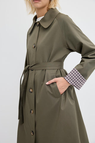 Checked Belted Long Trench Coat Khaki