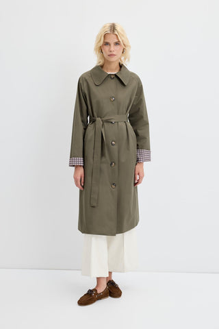 Checked Belted Long Trench Coat Khaki
