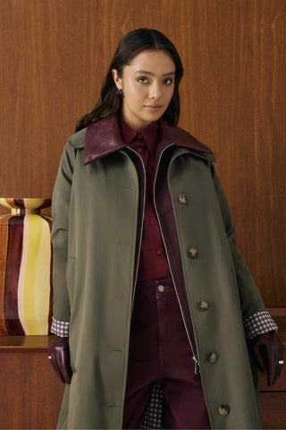 Checked Belted Long Trench Coat Khaki