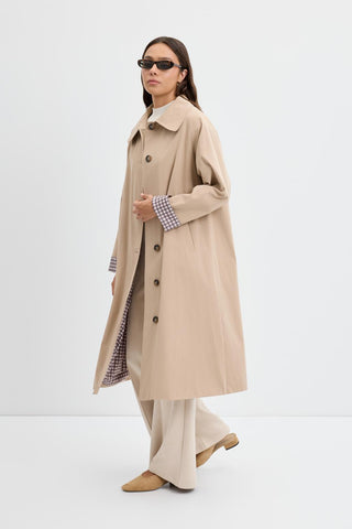Checked Belted Long Trench Coat Stone
