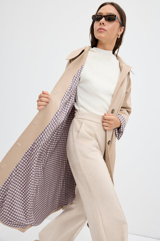 Checked Belted Long Trench Coat Stone