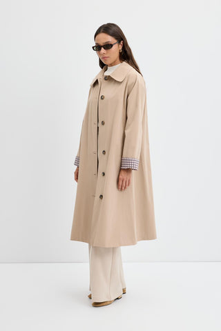 Checked Belted Long Trench Coat Stone