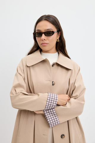 Checked Belted Long Trench Coat Stone