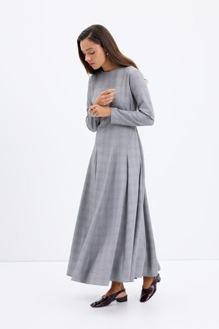 Plaid Panel Long Maxi Dress Grey
