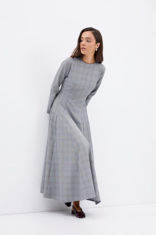 Plaid Panel Long Maxi Dress Grey