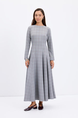 Plaid Panel Long Maxi Dress Grey