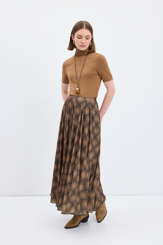 Plaid Long Flared Skirt Brown
