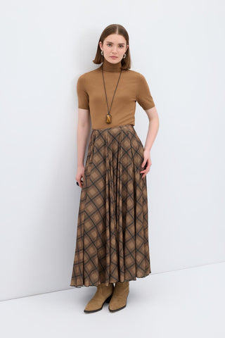 Plaid Long Flared Skirt Brown