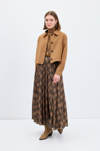 Plaid Long Flared Skirt Brown