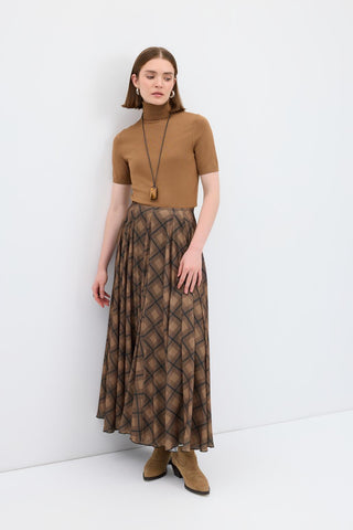 Plaid Long Flared Skirt Brown