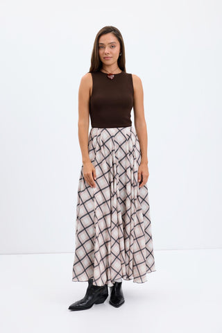 Plaid Long Flared Skirt Taupe