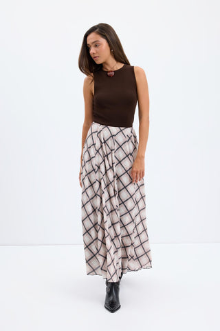 Plaid Long Flared Skirt Taupe