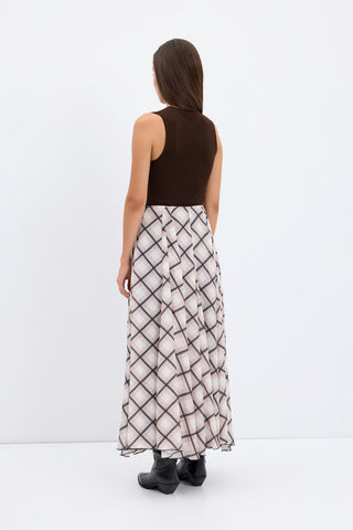 Plaid Long Flared Skirt Taupe