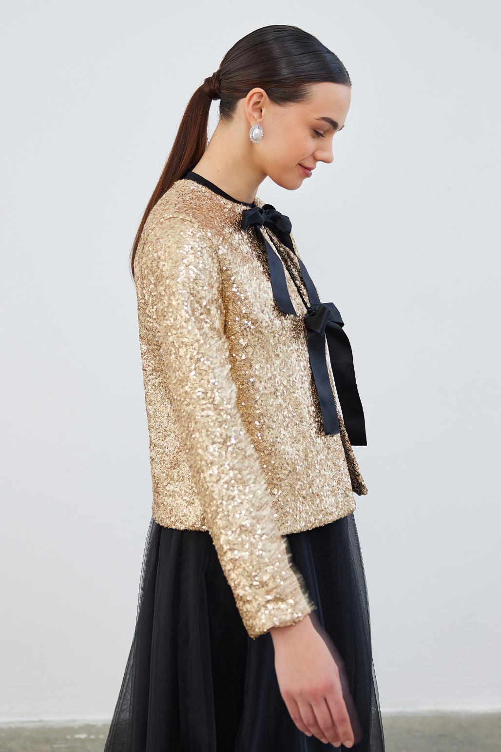 Elegance Sequin Bow Detailed Jacket Gold
