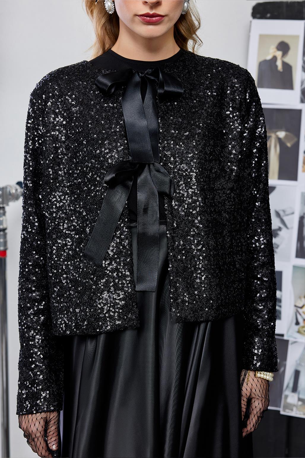 Elegance Sequin Bow Detailed Jacket Black