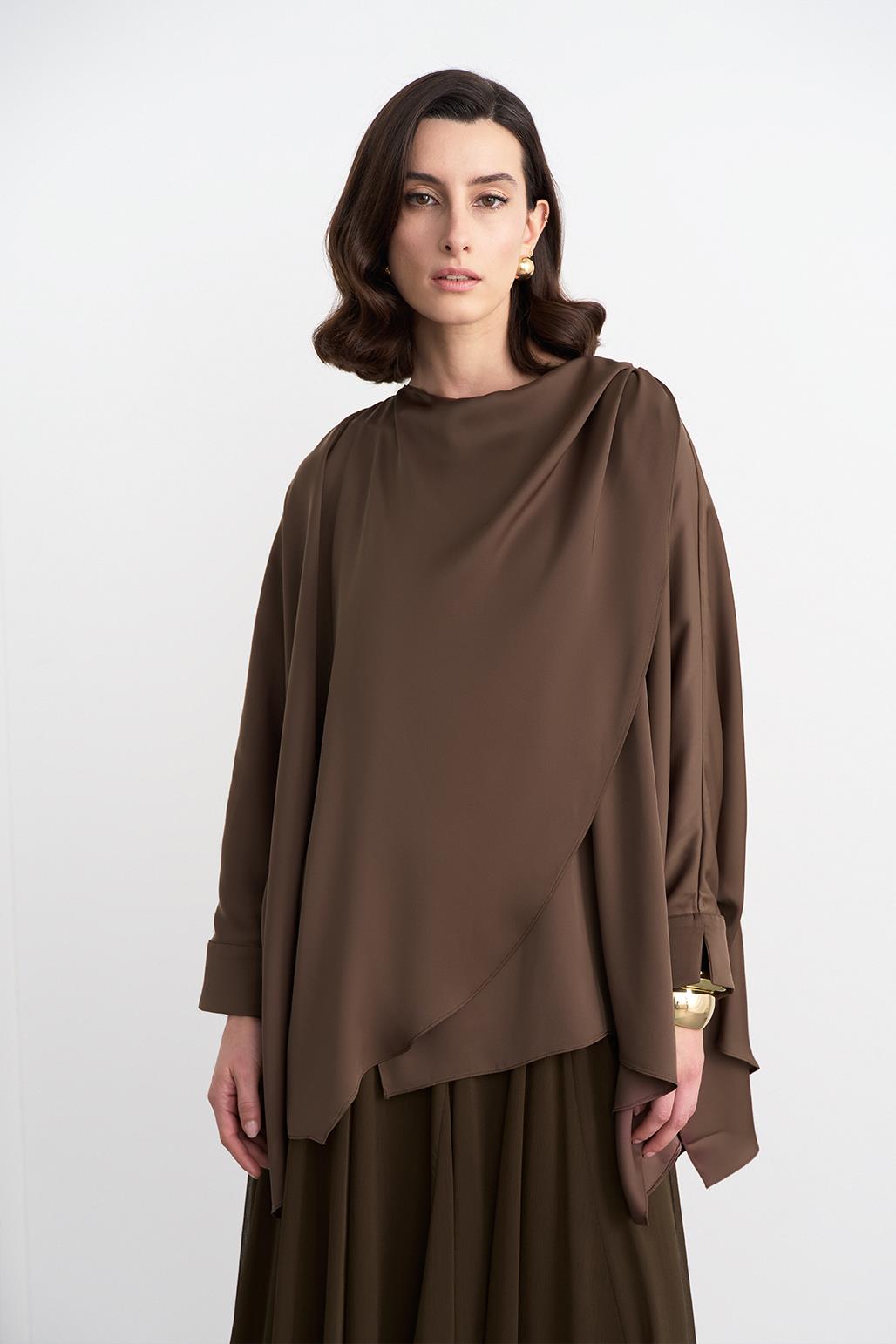 Elina Silk Asymmetric Shirt Brown