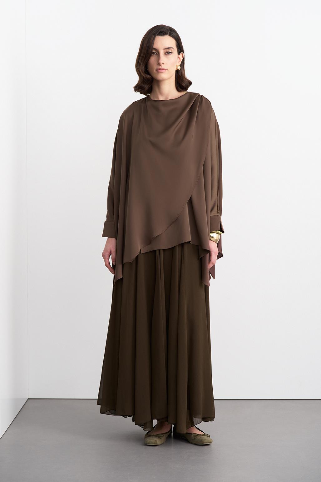 Elina Silk Asymmetric Shirt Brown