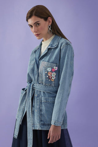 Embroidered Belted Denim Jacket Light Blue