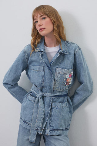 Embroidered Belted Denim Jacket Light Blue
