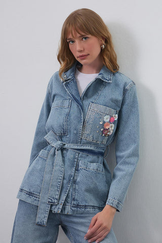 Embroidered Belted Denim Jacket Light Blue
