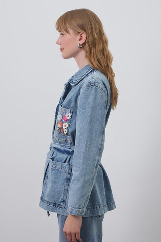 Embroidered Belted Denim Jacket Light Blue