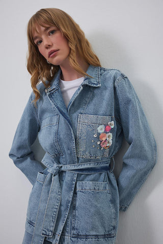 Embroidered Belted Denim Jacket Light Blue