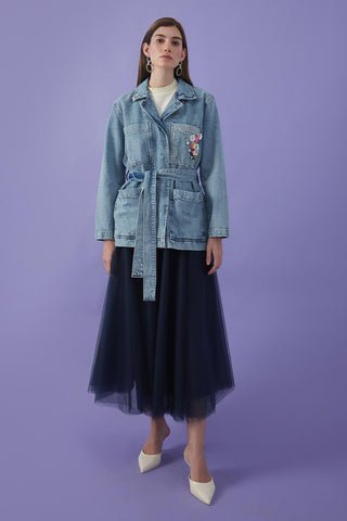 Embroidered Belted Denim Jacket Light Blue