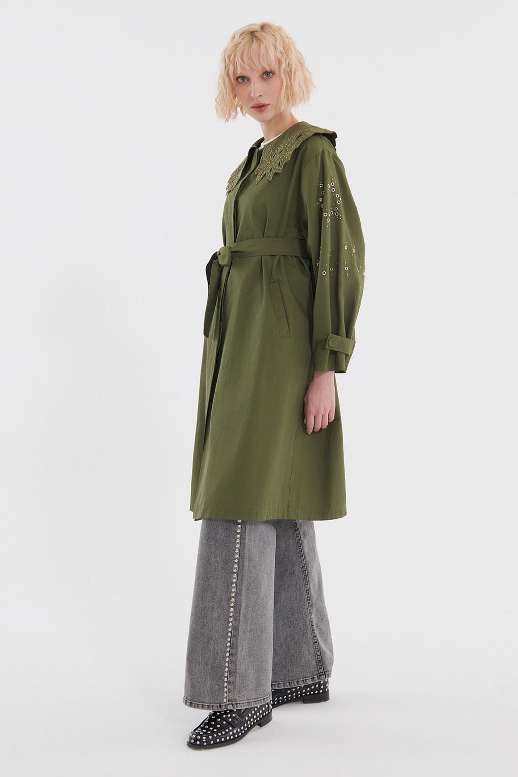 Embroidered Wide Collar Trench Coat Khaki Green